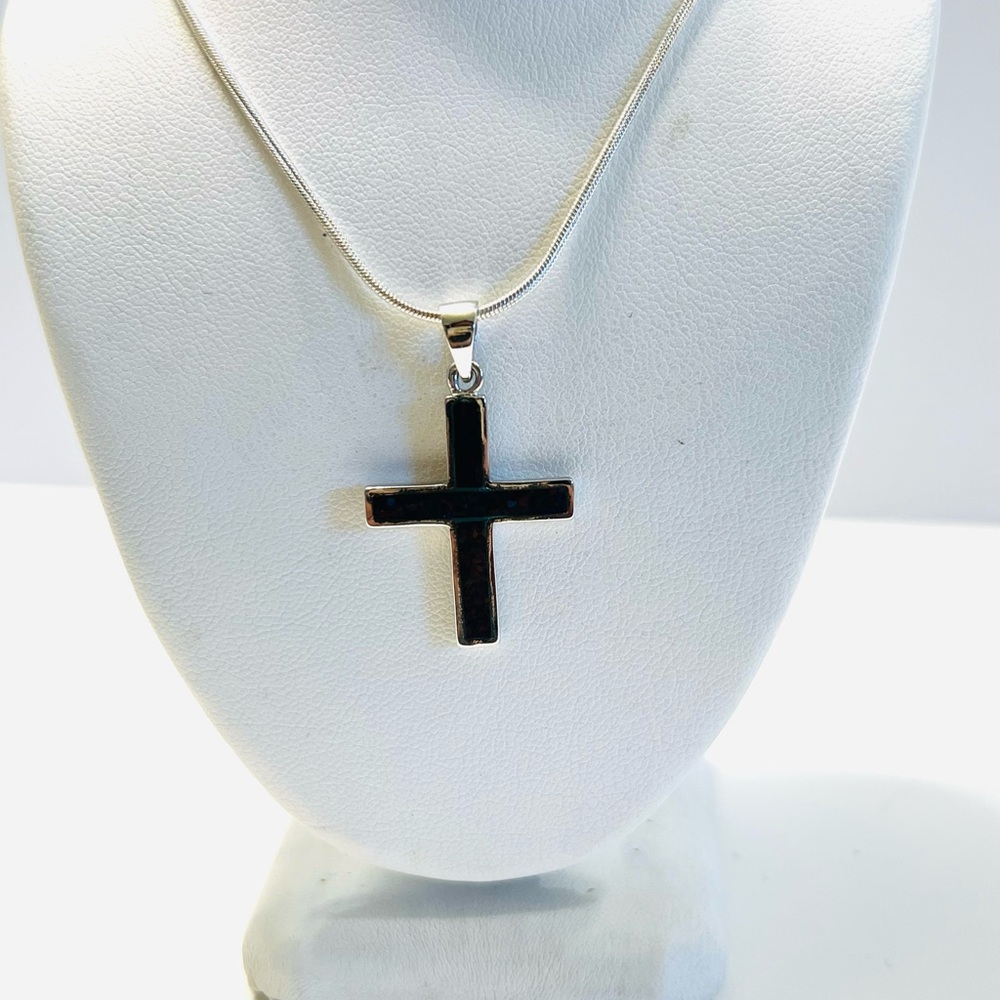 unique Reversible Crushed Opal sterling silver Cross Pendant necklace 18”925
